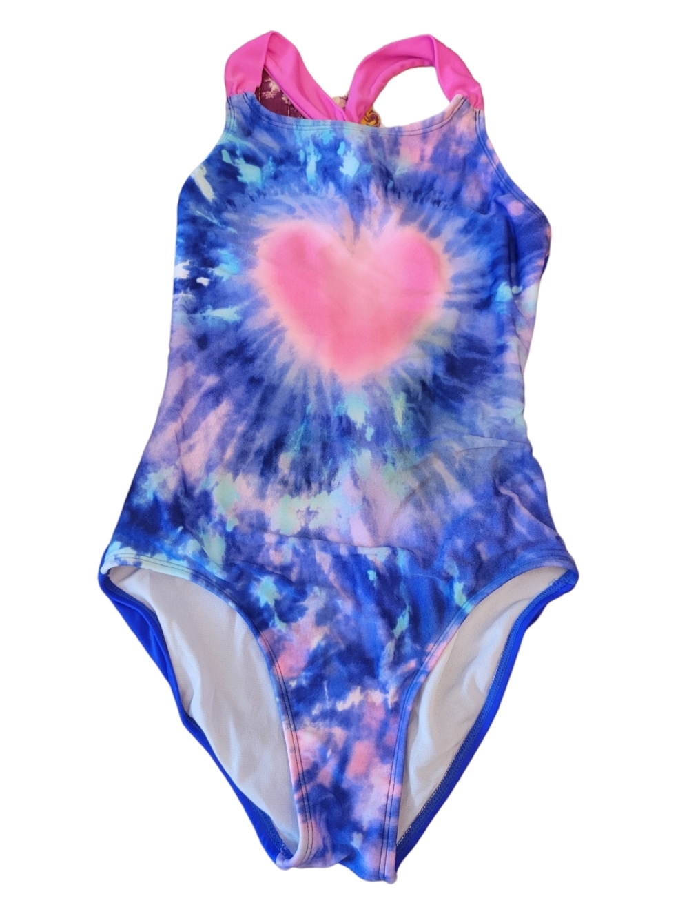 More Than Magic Swimsuit One Piece Tie Dye Heart Crossed Straps Girls L (10/12)